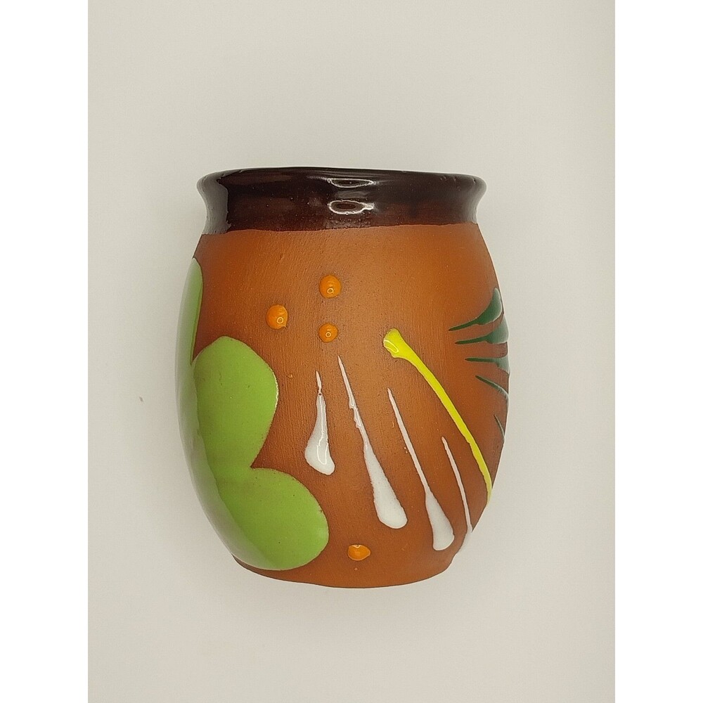 Vintage Mexican Clay Jarrito Mug Hand Painted Folk Art Green White Floral Brown